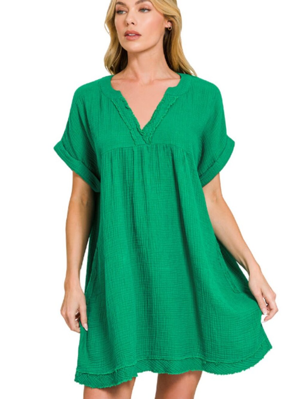 148. New Zenana Double gauze raw edge V-neck dress, kelly green